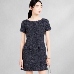 Banana Republic Dress 14 Tweed Mini Black Blue White Fringe Short Sleeve Pockets